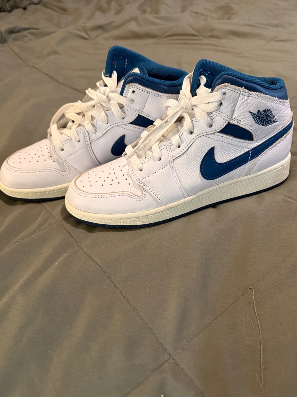 Nike Air Jordan 1 Mid Kids White and Blue Sneakers